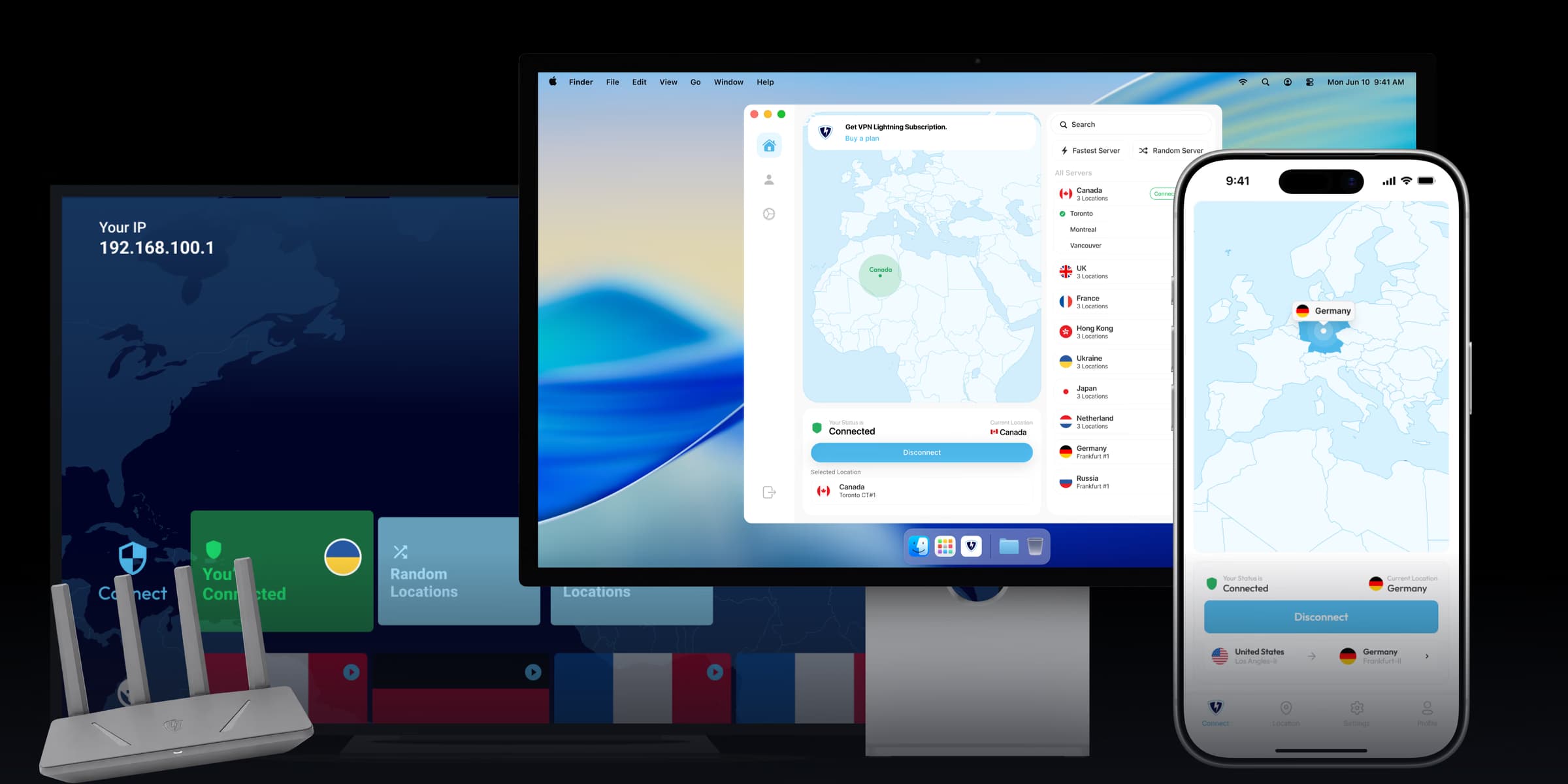 VPN Lightning running across a router, desktop, and phone
