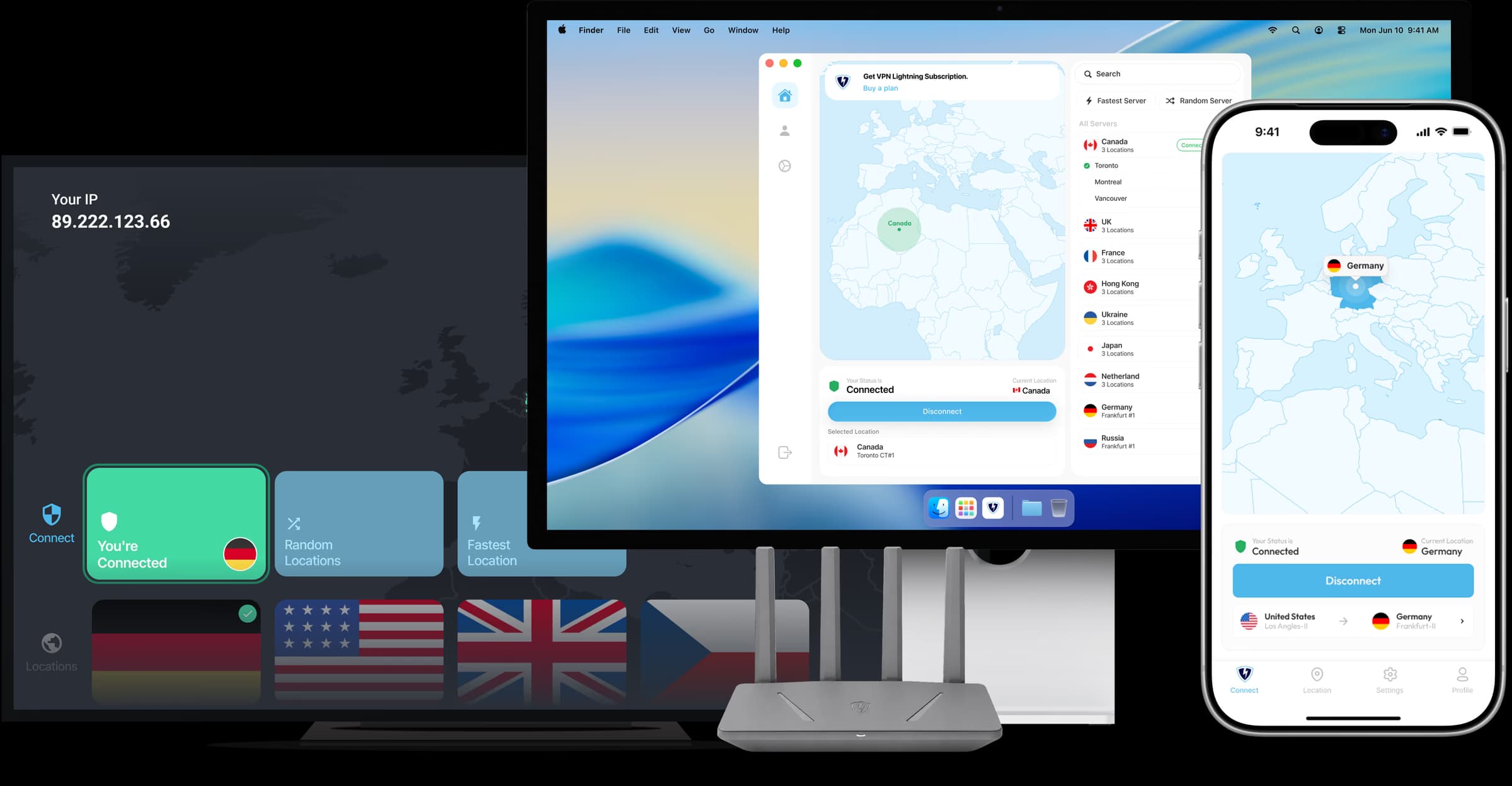 VPN Lightning running across a TV, desktop, router, and phone