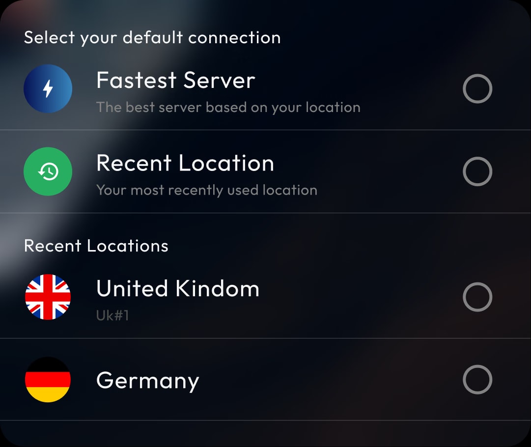 Default connection location selector