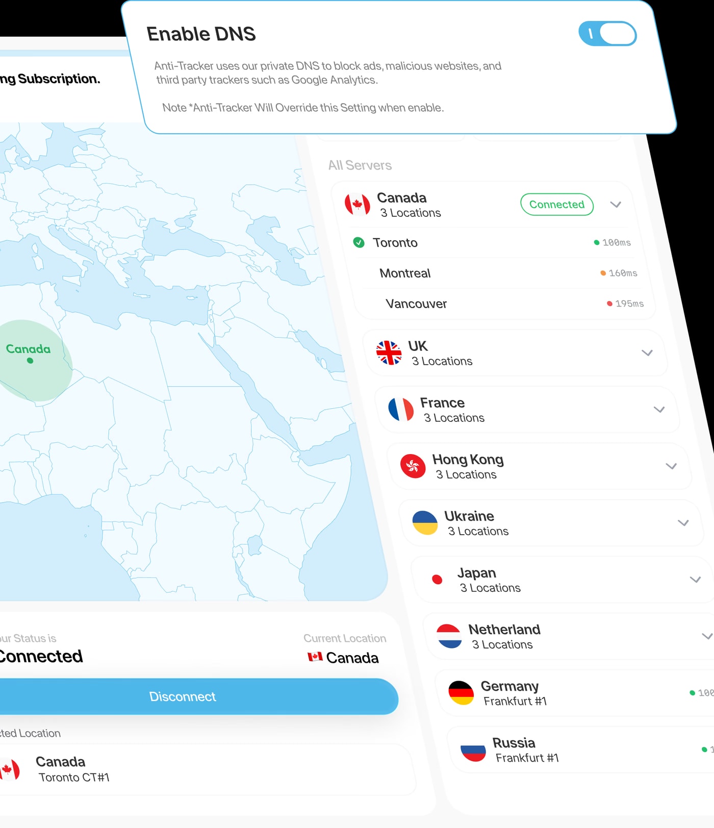 Private DNS being switched on, over the server list and connection map