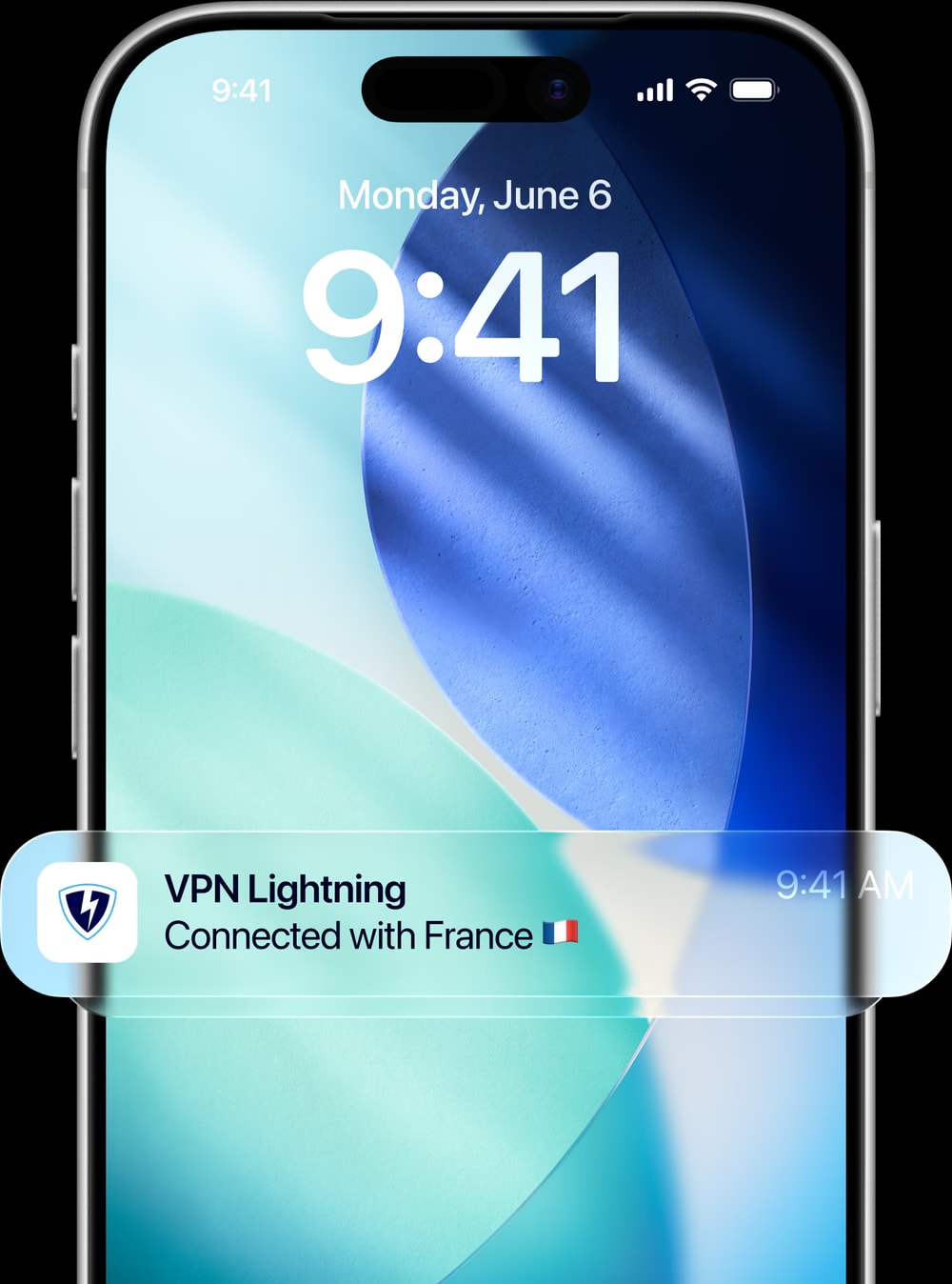 A phone lock screen showing a VPN Lightning notification reading "Connected with France"