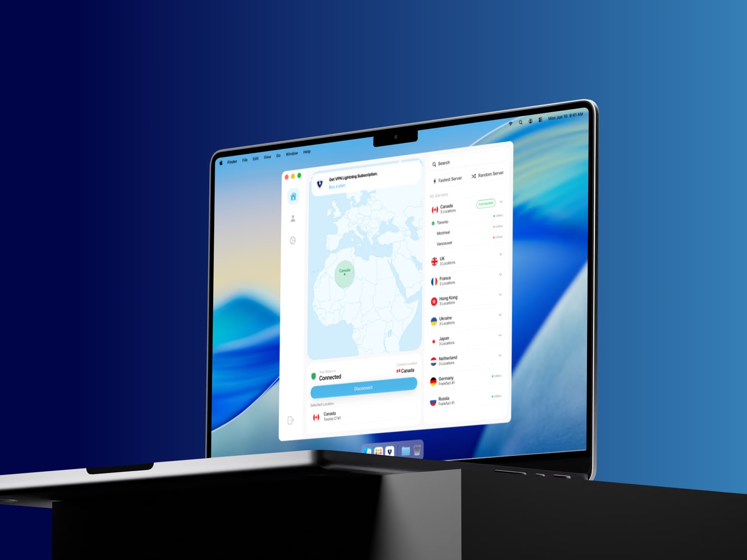 VPN Lightning for macOS, connected to a server in Canada