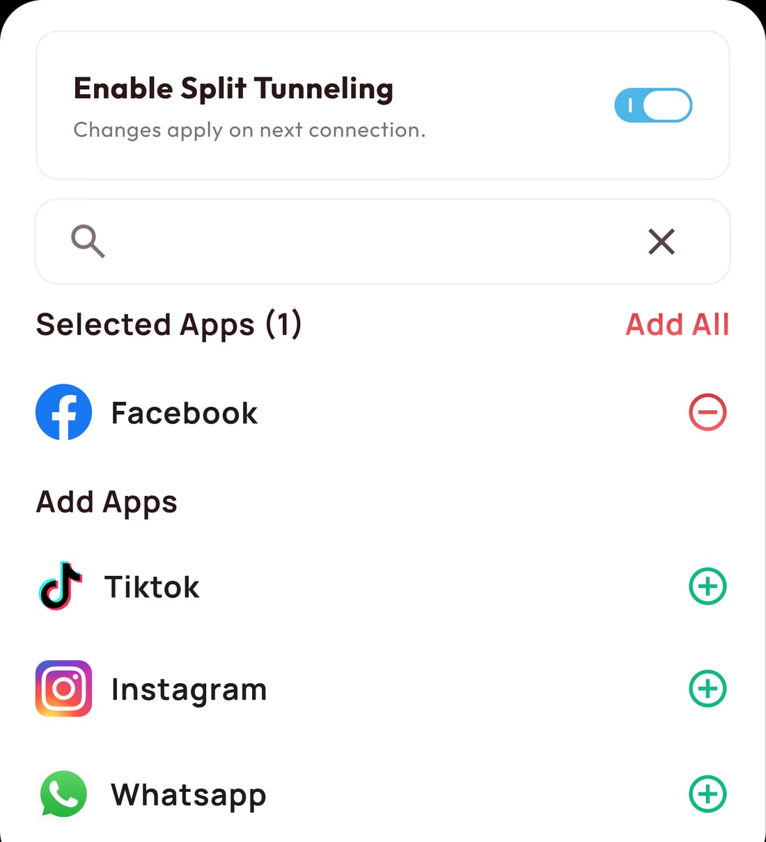 Split tunneling switched on, with Facebook selected and TikTok, Instagram and WhatsApp available to add