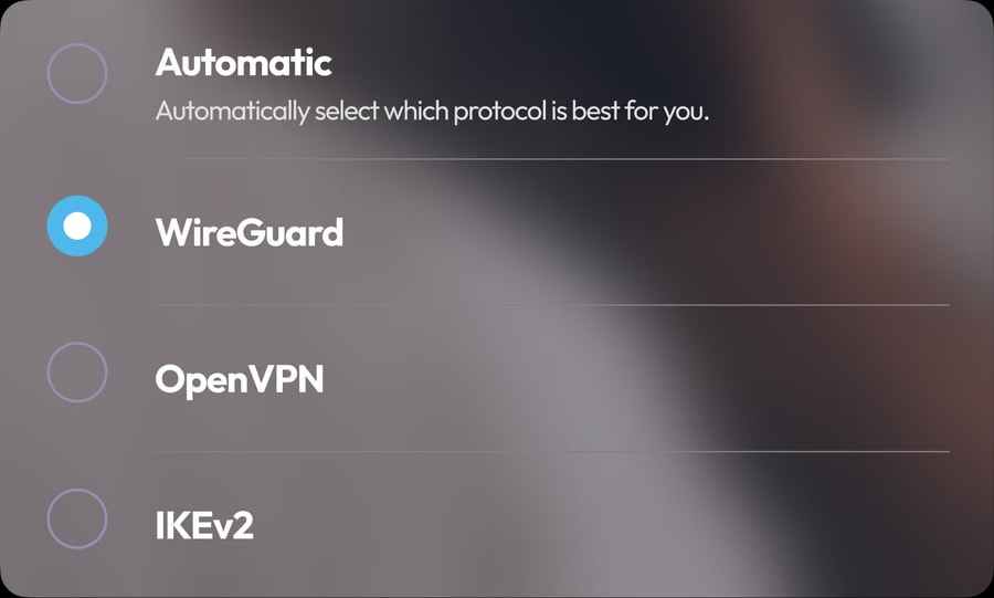 Protocol selector set to WireGuard, with Automatic, OpenVPN and IKEv2 also offered