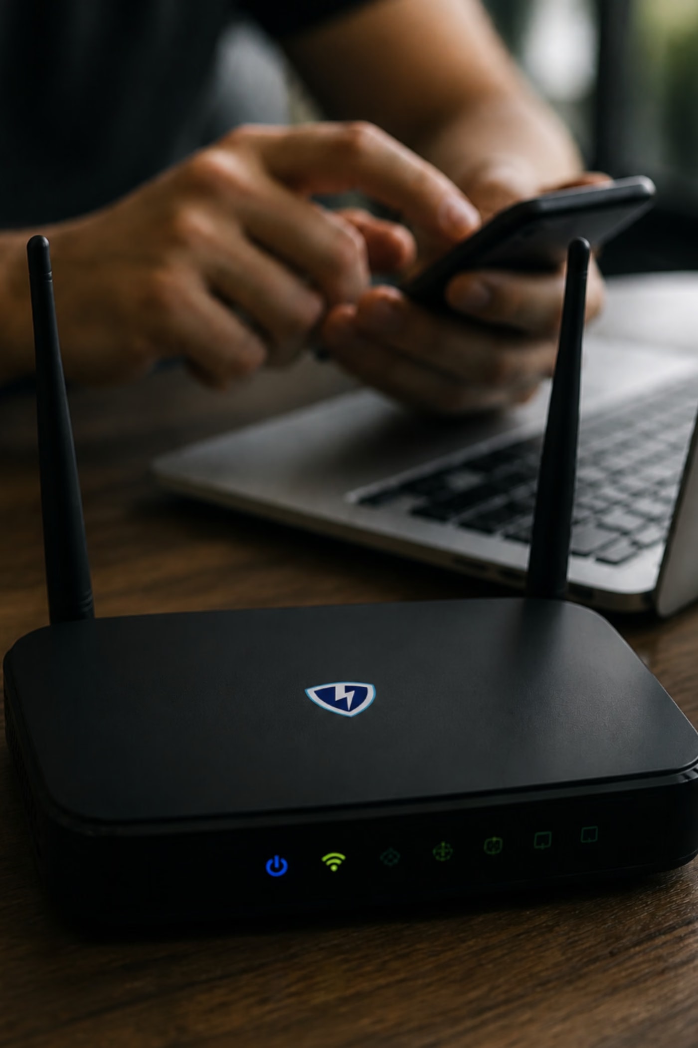 A VPN Lightning router on a desk in front of a laptop, its status lights lit