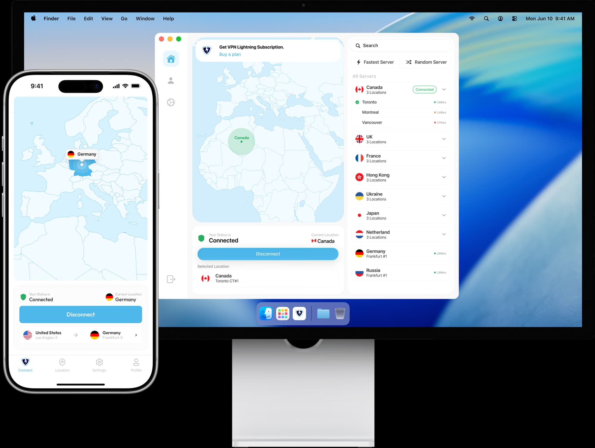 VPN Lightning connected on an iPhone and a Mac