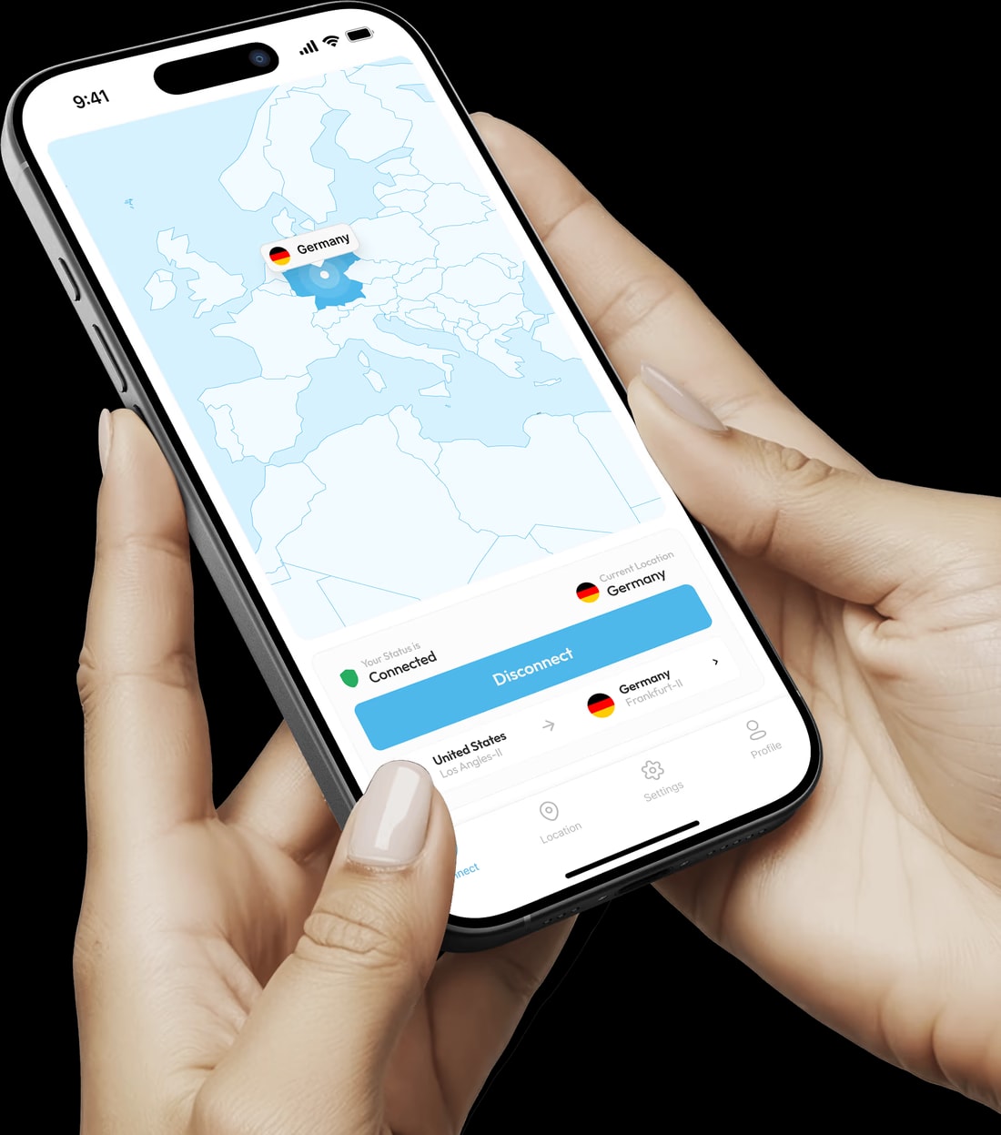 Hands holding a phone connected to a VPN Lightning server in Germany