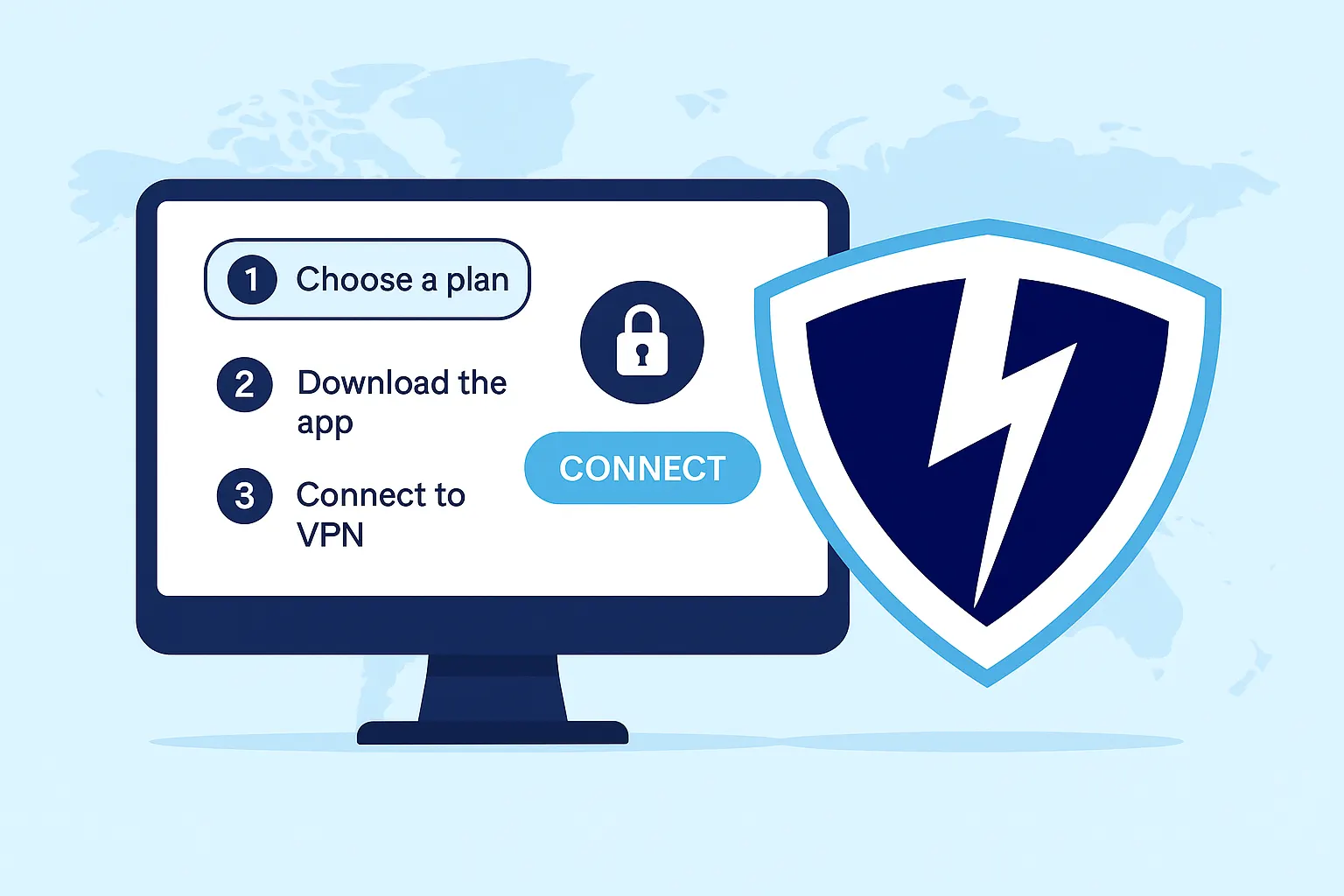 VPN setup steps on desktop screen with shield icon showing plan selection, app download, and connect button