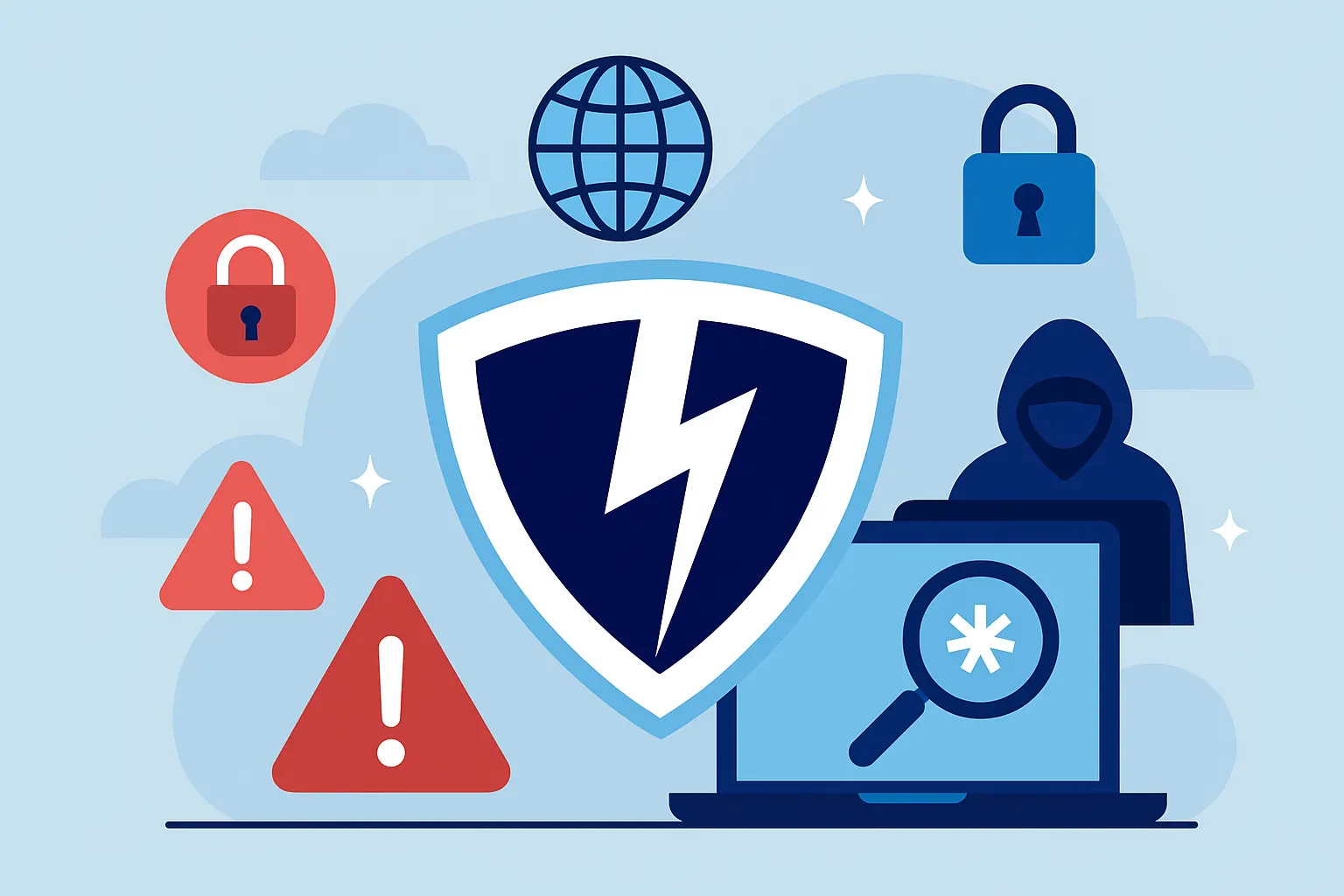 VPN shield icon blocking online threats with hacker, warning signs, locks, and globe in background