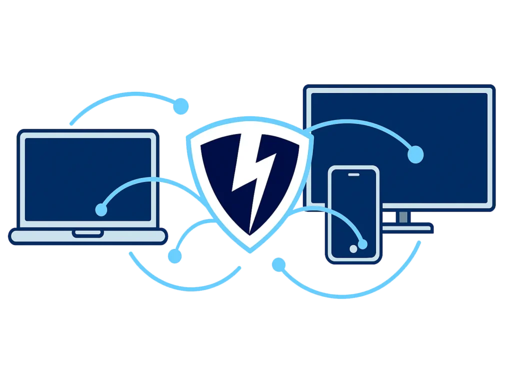 VPN shield icon connecting to laptop, smartphone, and desktop screen