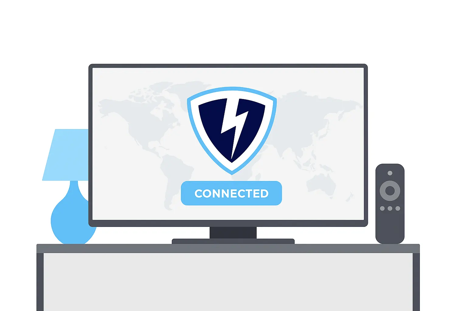 VPN connected on smart TV screen with shield icon and remote control nearby