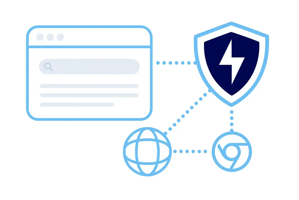 Secure web browser interface connected to VPN shield and internet icons