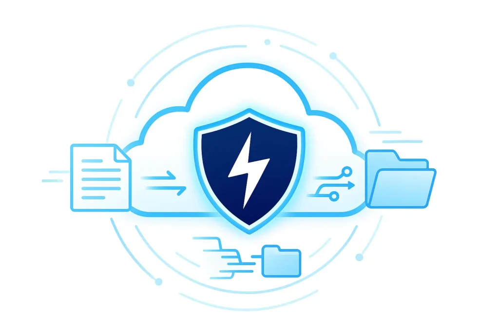 Encrypted cloud storage with shield icon and secure data transfer visuals