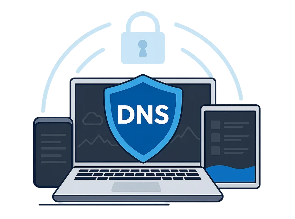 DNS shield icon securing devices with encrypted connection