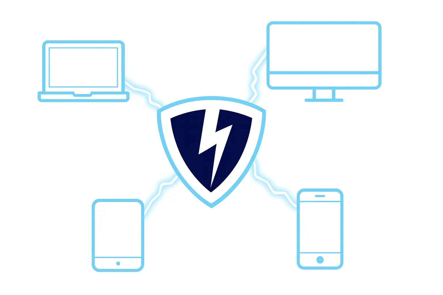 VPN Lightning logo centered with glowing lightning lines connecting to laptop, desktop, tablet, and smartphone icons on a white background, symbolizing secure multi-device protection.