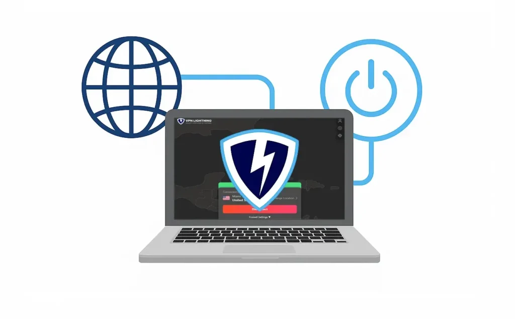 Laptop with VPN app connected and internet icons behind it