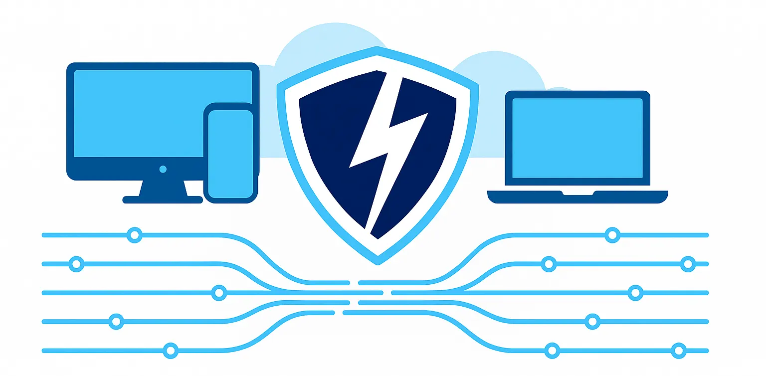 Shield icon connecting desktop, laptop, and smartphone with cloud and network lines