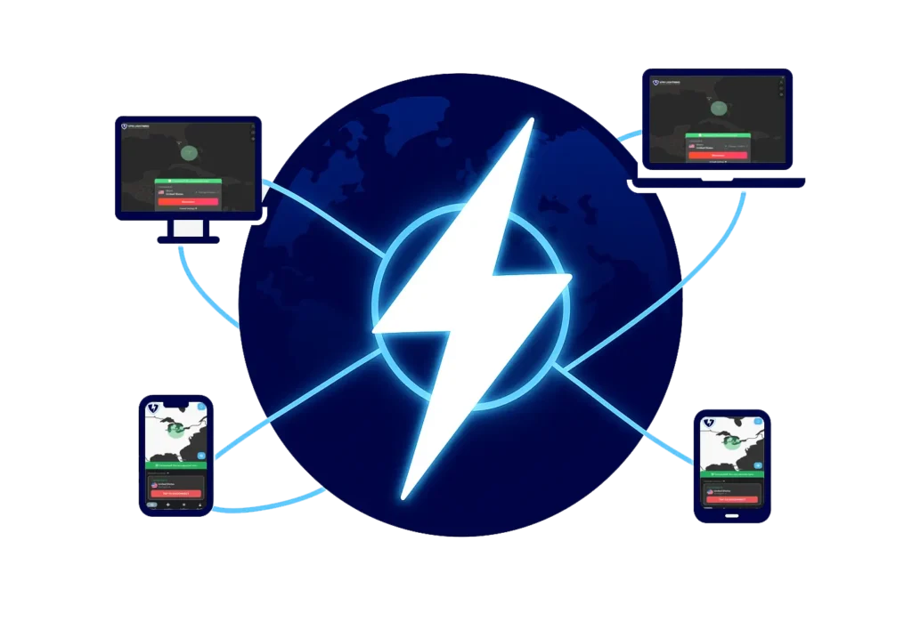 VPN lightning bolt icon connecting devices worldwide