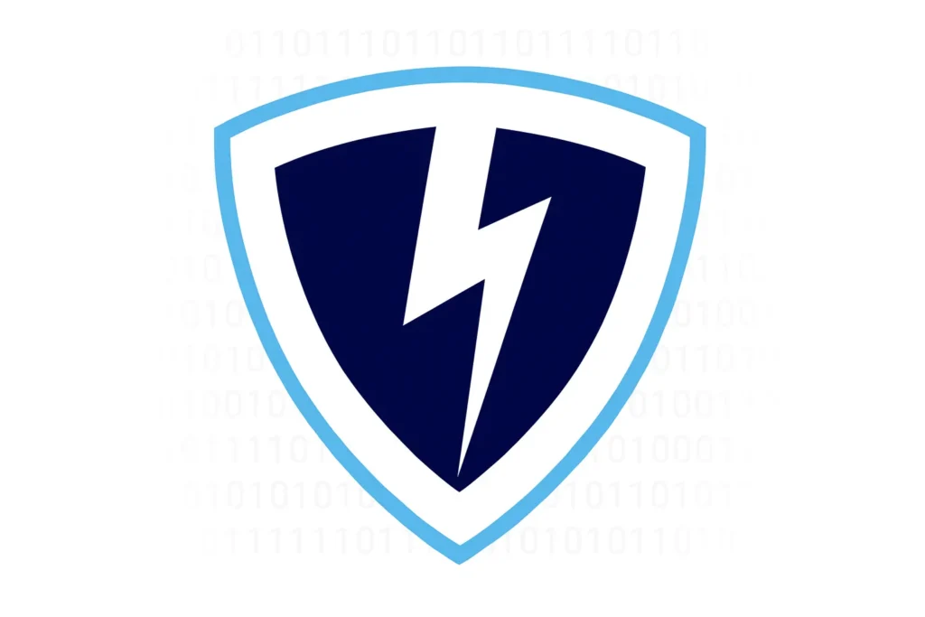 VPN shield logo with lightning bolt over binary code background