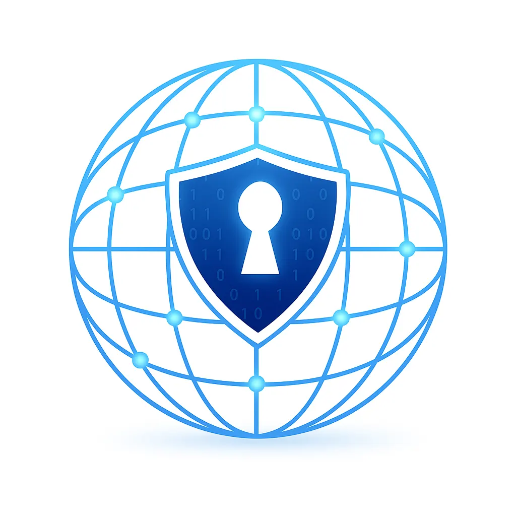 Global network sphere with shield and keyhole icon representing internet security