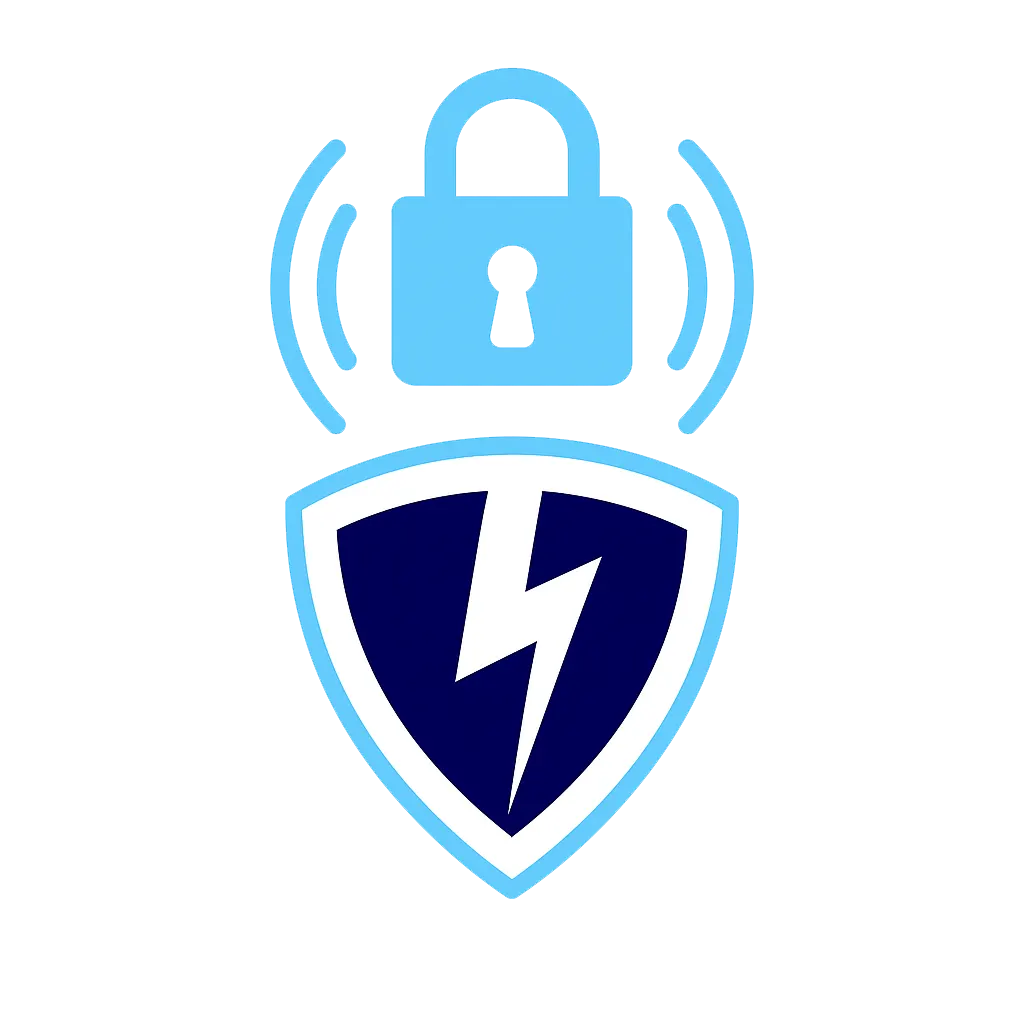 VPN shield icon with padlock and signal waves representing encrypted secure connection
