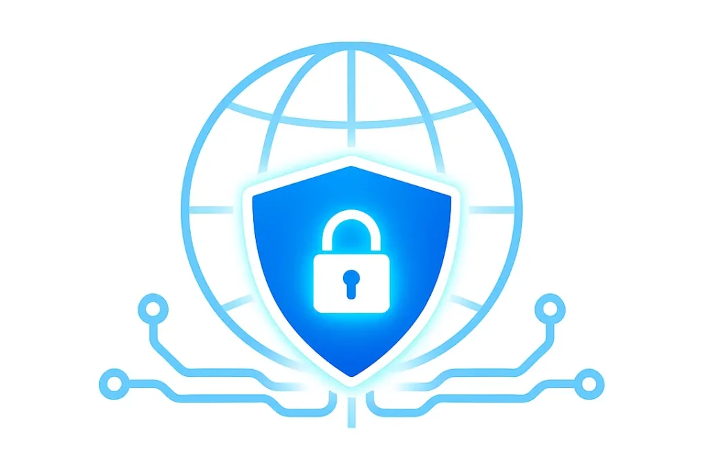 Glowing blue shield with padlock over a globe symbolizing OpenVPN encryption and secure global connectivity.