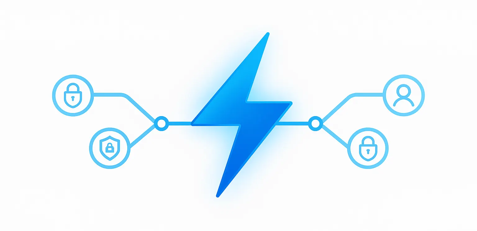 Glowing blue lightning bolt connecting secure network nodes representing OpenVPN stability and reliable VPN performance.
