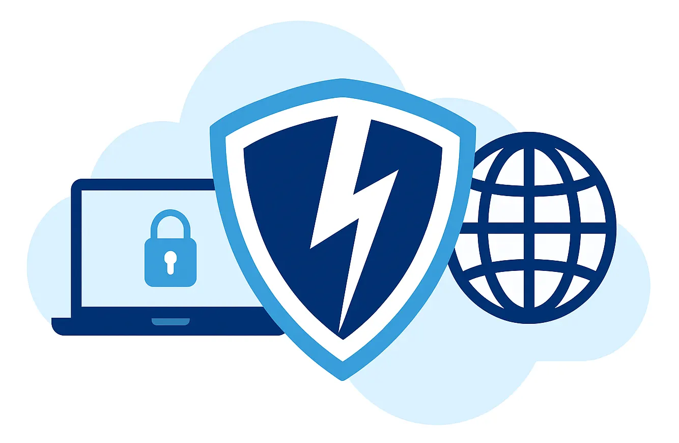VPN shield icon between secure laptop and internet globe over cloud background