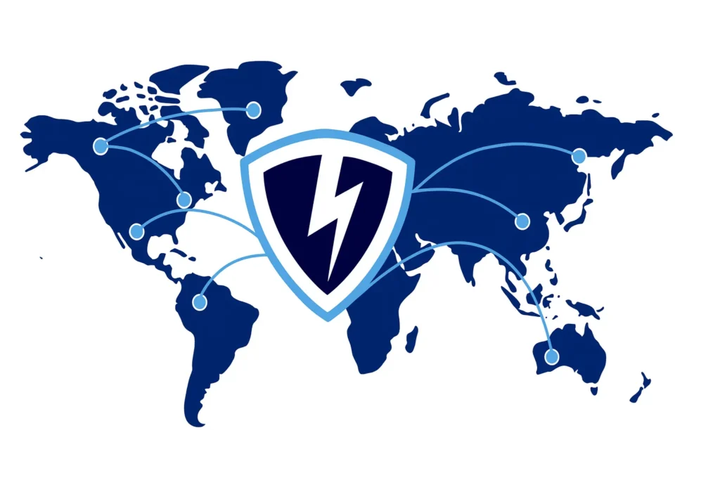 VPN shield icon over world map with global connection points linked by secure lines