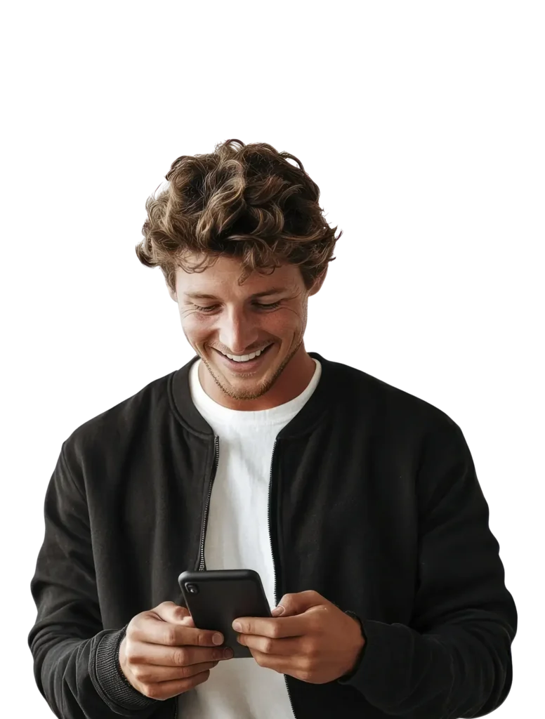 Smiling man in casual jacket using smartphone