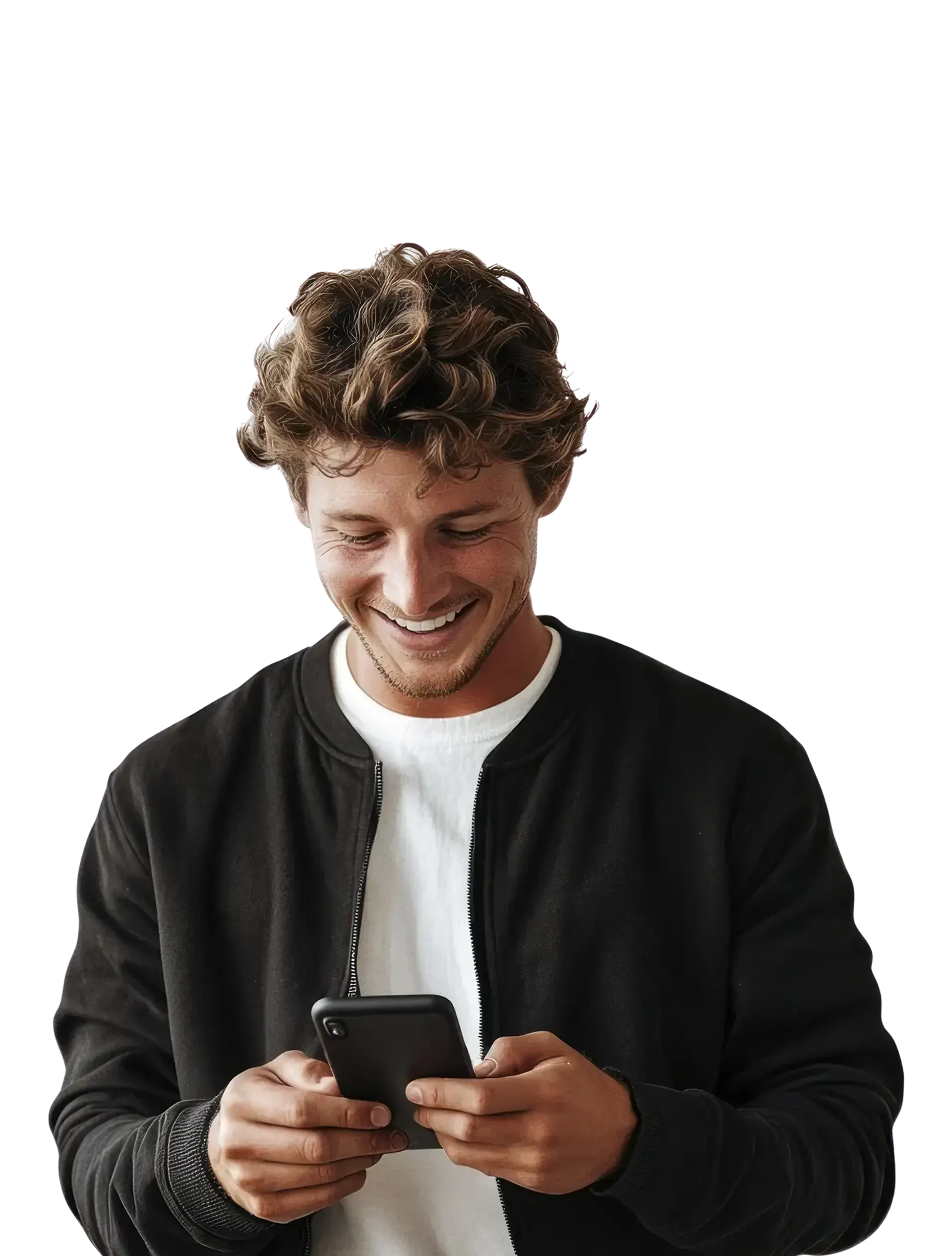 Smiling man in casual jacket using smartphone