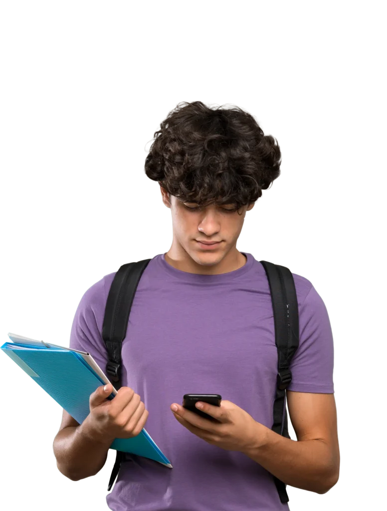 Student in purple shirt using smartphone and holding folders