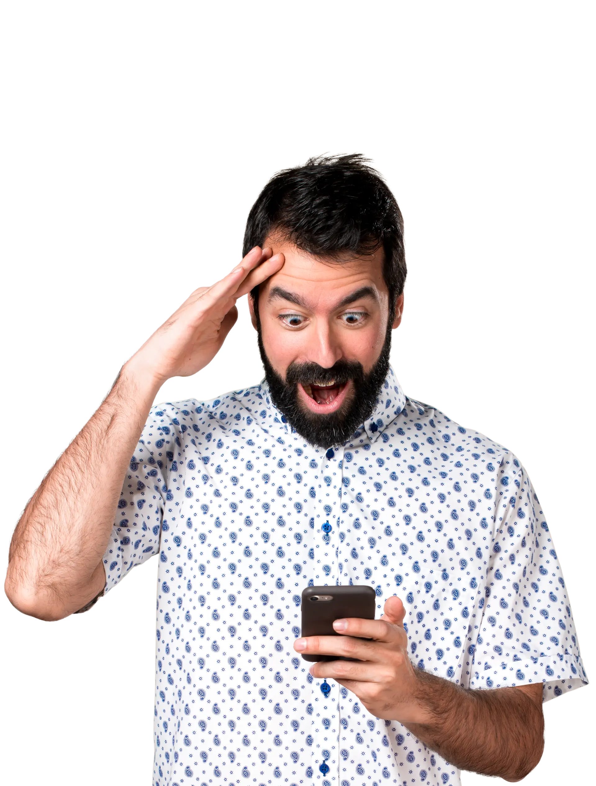 Excited man in patterned shirt reacting to phone screen
