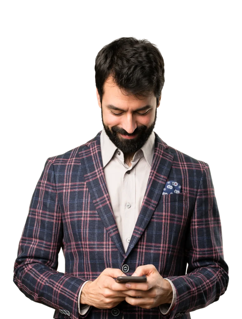 Man in plaid blazer using smartphone professionally
