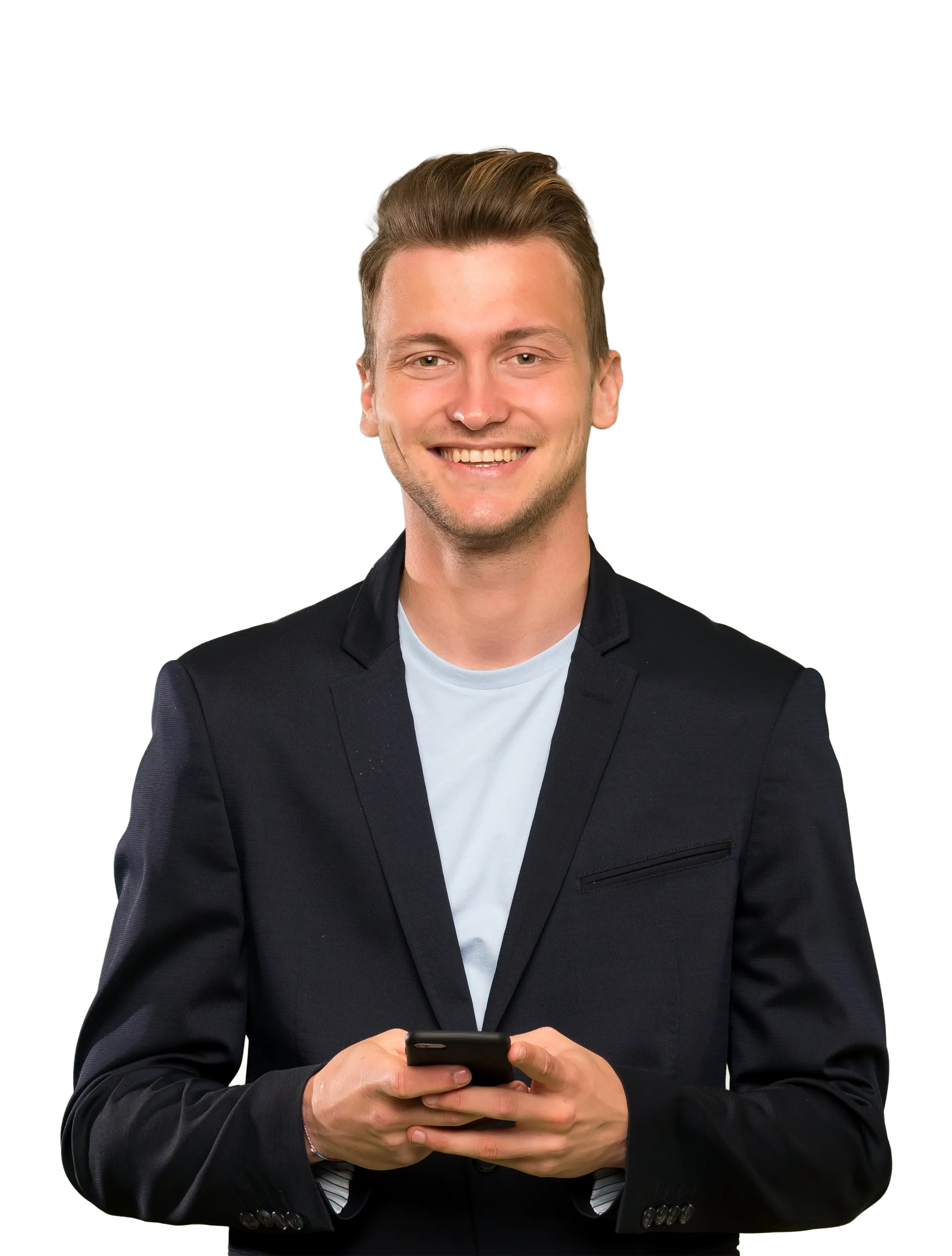 Smiling man using smartphone while wearing a blazer