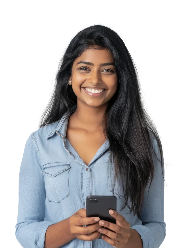 Smiling woman in denim shirt using smartphone