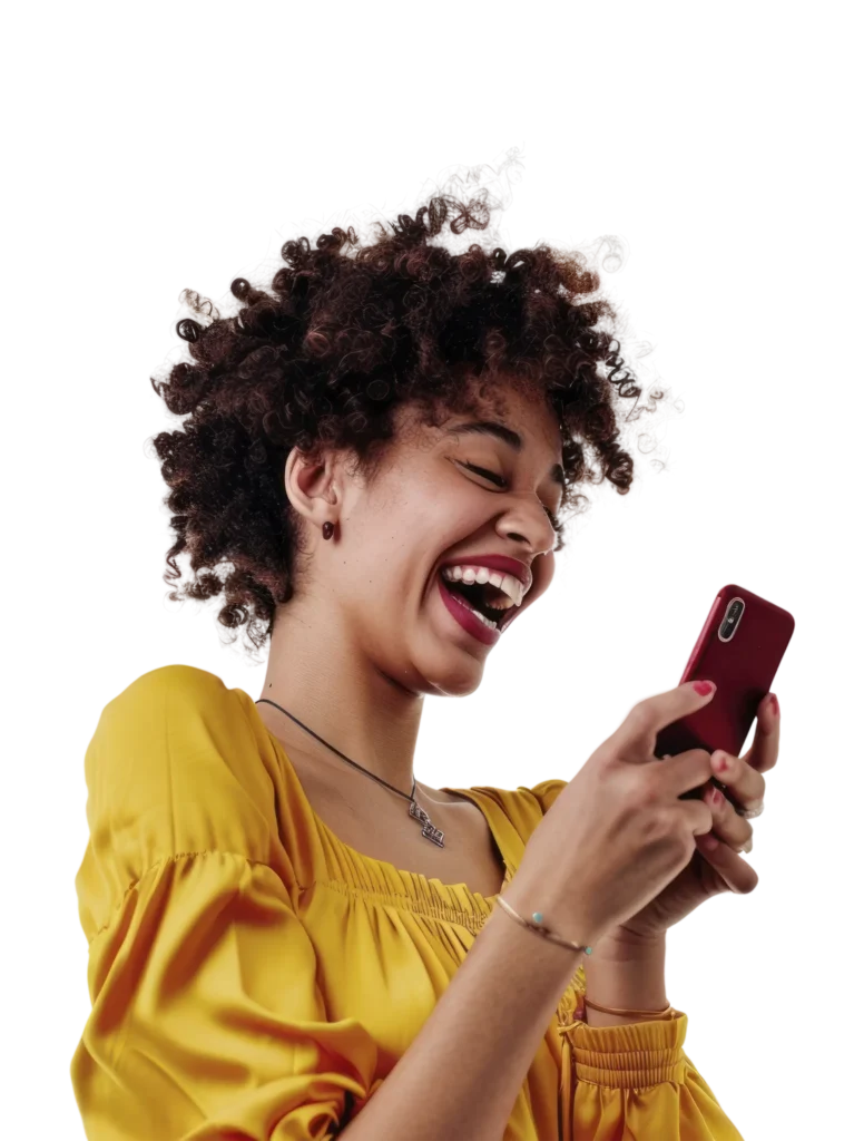 Joyful woman in yellow top looking at smartphone