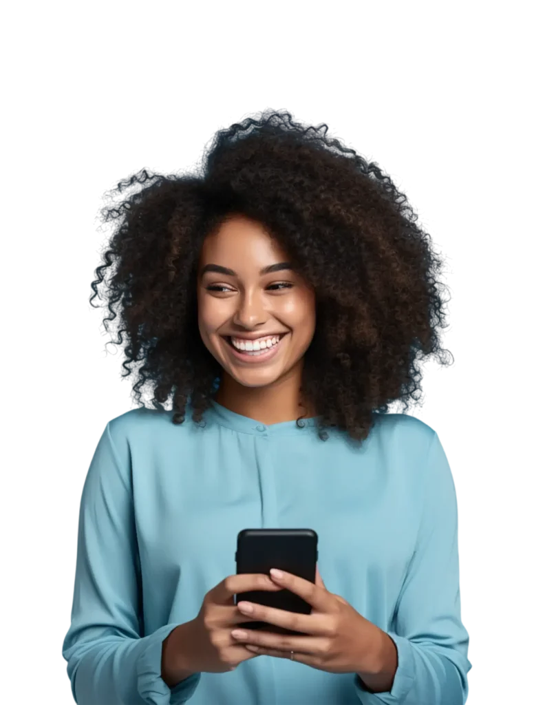 Woman in blue blouse smiling while holding smartphone