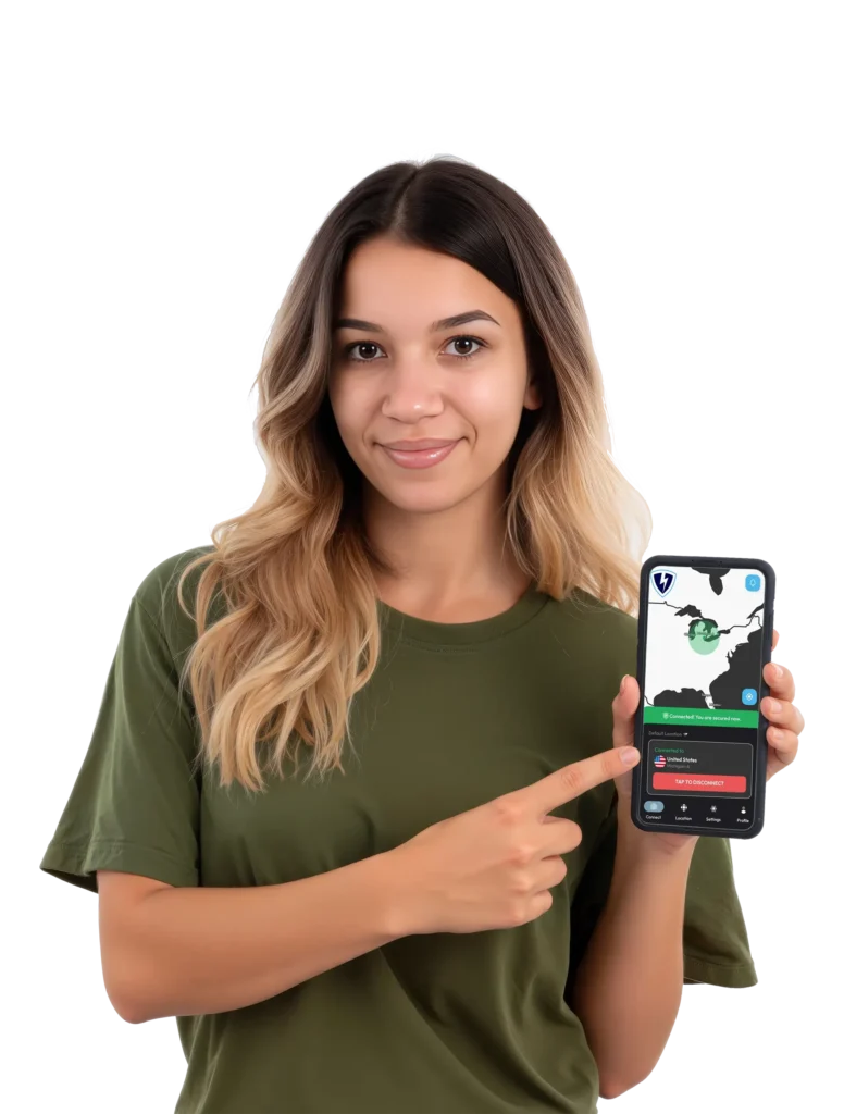 Woman pointing at smartphone screen showing active VPN connection