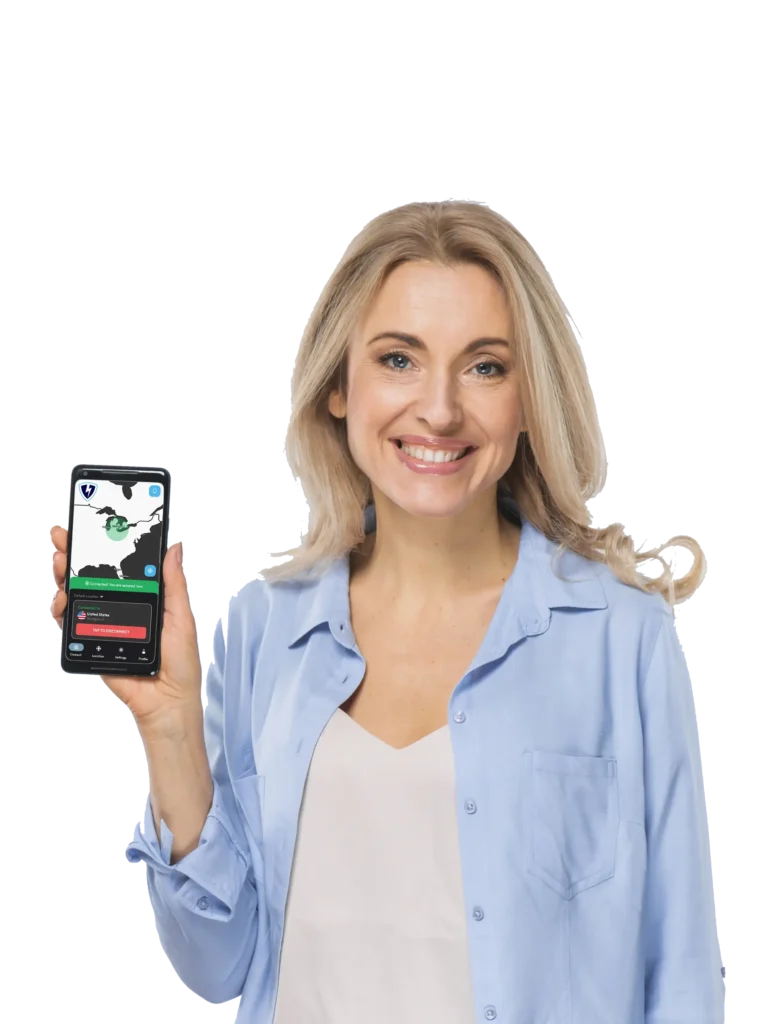 Smiling woman showing phone with secure VPN connection active