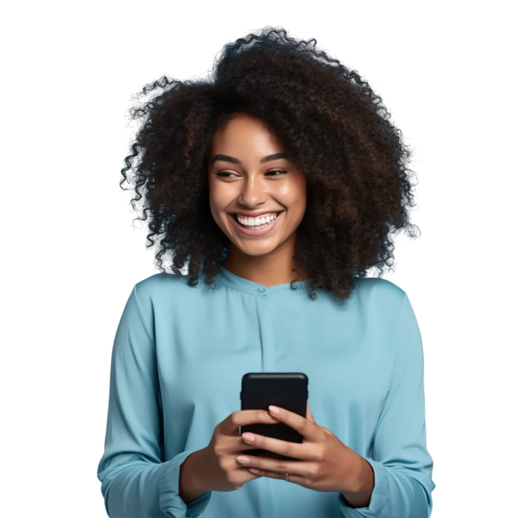 Woman in blue blouse smiling while holding smartphone