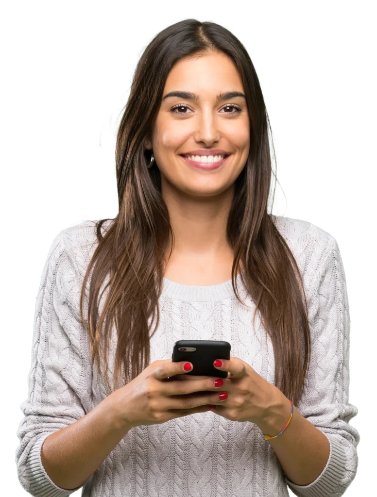 Smiling woman in gray sweater holding smartphone with both hands