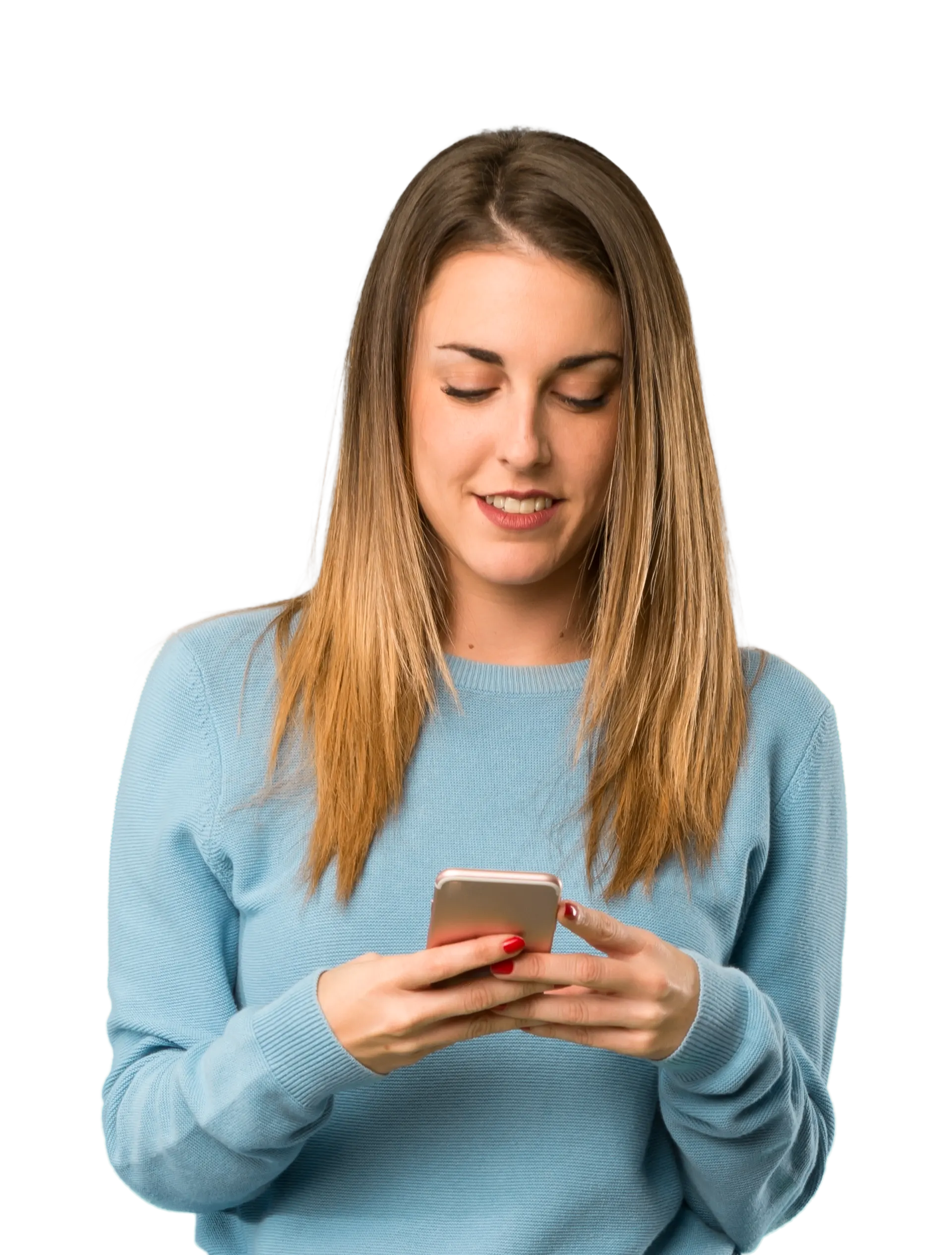 Woman in blue sweater looking down at her smartphone while typing