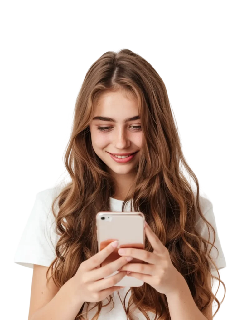 Teen girl in white t-shirt smiling while using smartphone