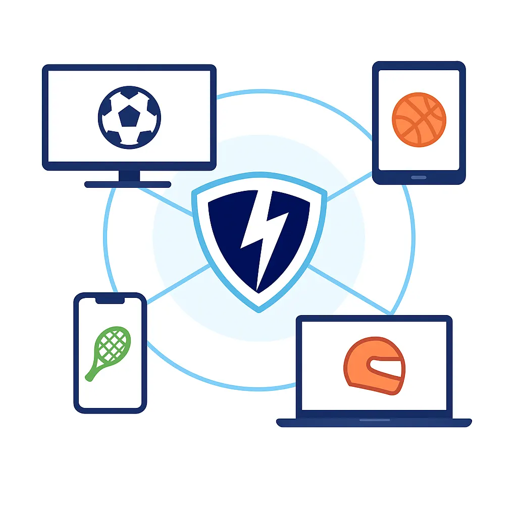 VPN Lightning logo linking multiple devices streaming live sports securely