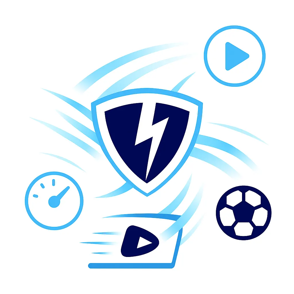 VPN Lightning logo with glowing lines and motion icons showing fast, secure sports streaming