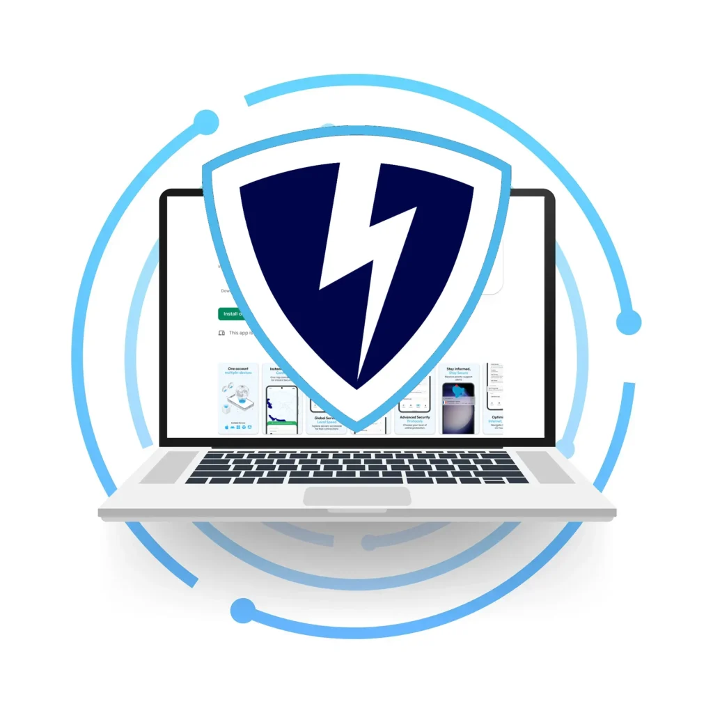 Laptop with Google Play interface and large VPN Lightning shield logo in front, surrounded by a digital blue orbit pattern.