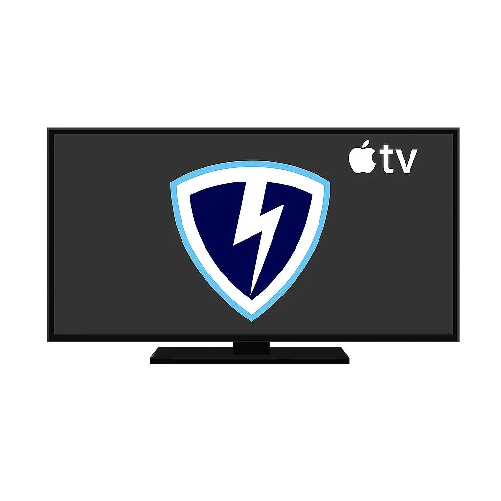 Smart TV screen showing Apple TV logo in top right and VPN Lightning shield logo centered.