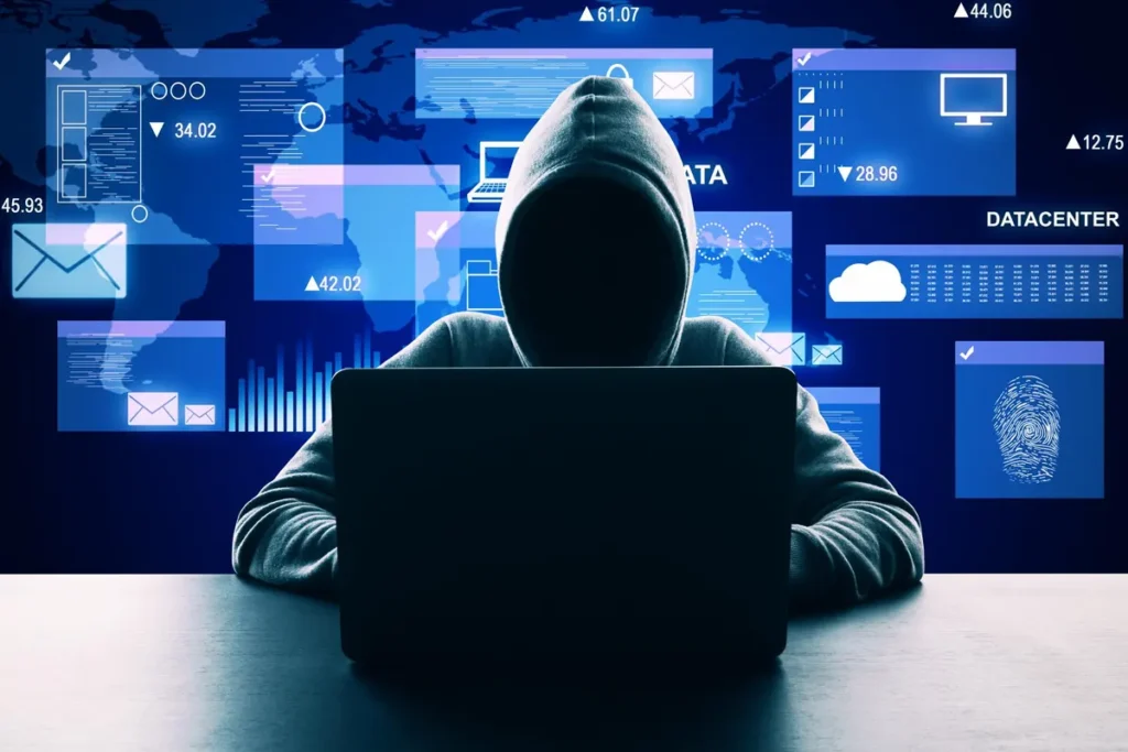 Hooded figure using a laptop with digital data and security icons in the background, representing cyber threats and online risks