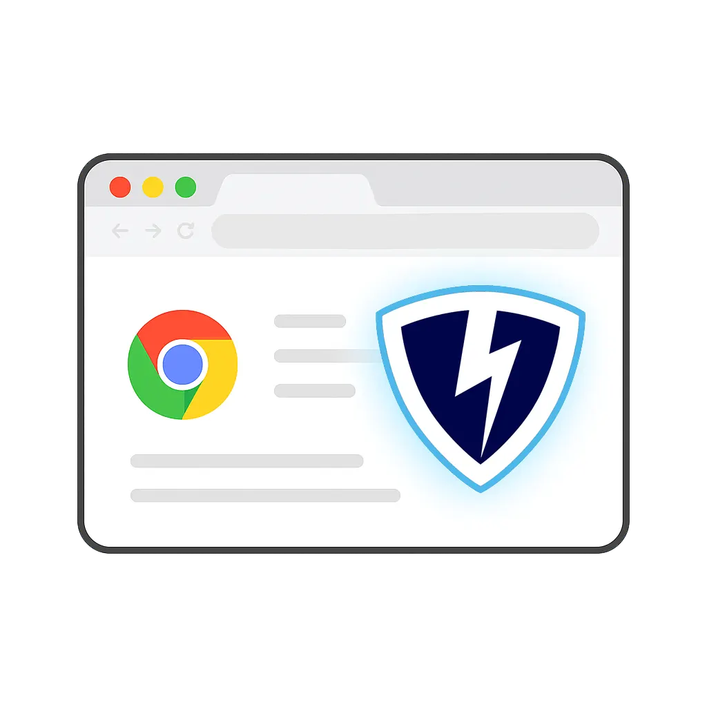 Flat-style Chrome browser window with glowing VPN Lightning shield icon, indicating active VPN connection.